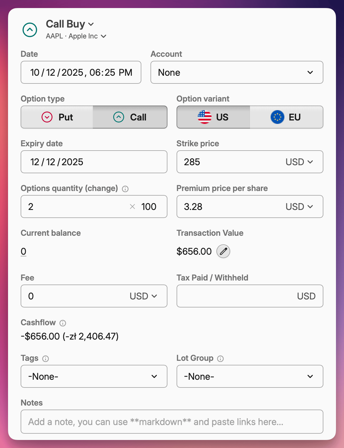 Screenshot of an option transaction interface showing a call buy order for Apple Inc. with detailed trade parameters and transaction values.